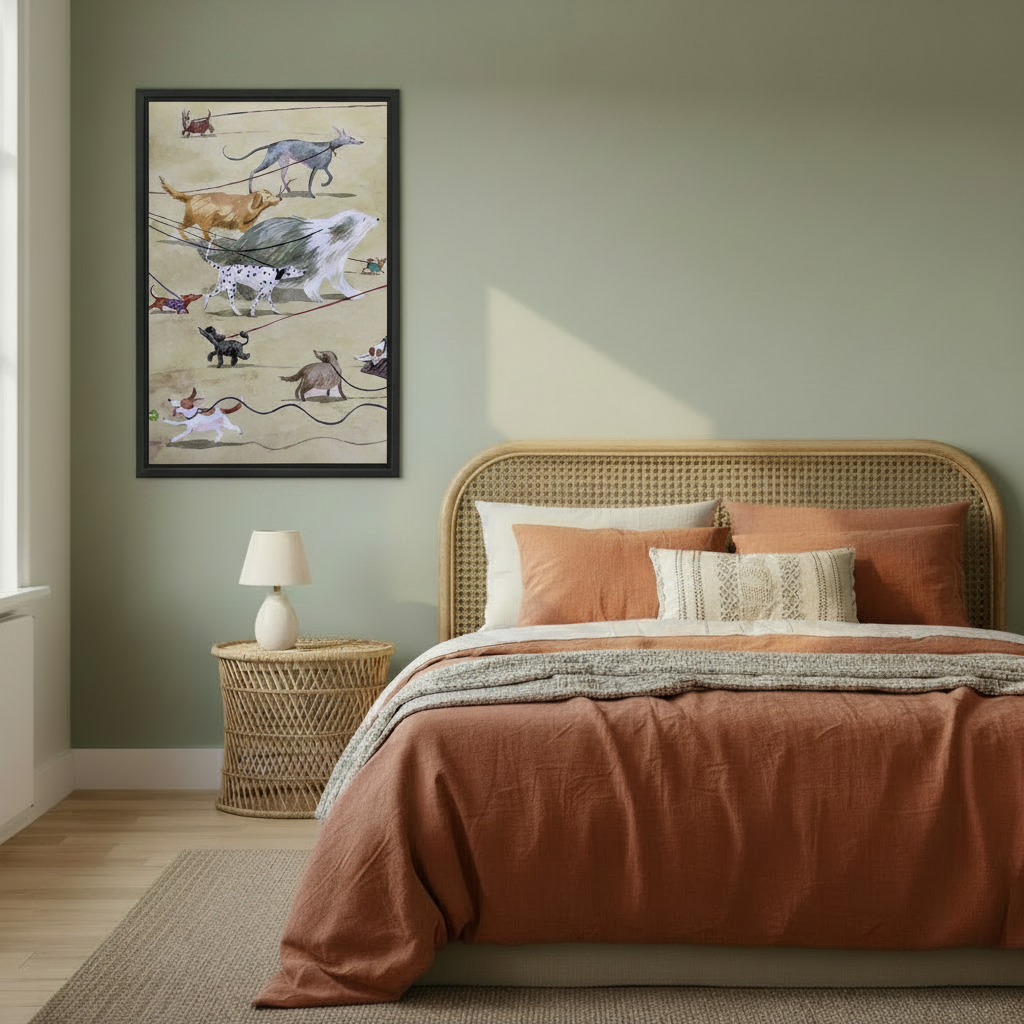 Vintage watercolor dogs on leash framed canvas wall art on sage green bedroom wall beside rattan bed