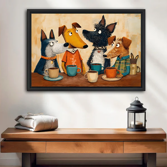 Whimsical dogs coffee framed canvas wall art print vintage cartoon style home decor