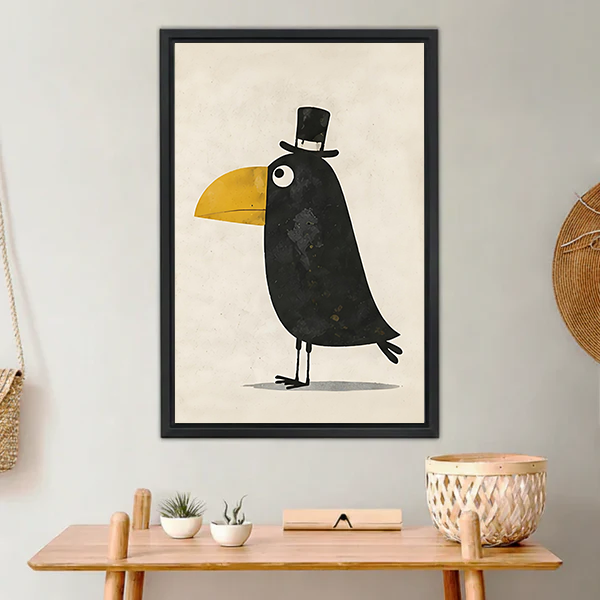 Whimsical dapper black toucan with yellow beak and top hat framed wall art print in black frame above a wooden console table in a bohemian entryway