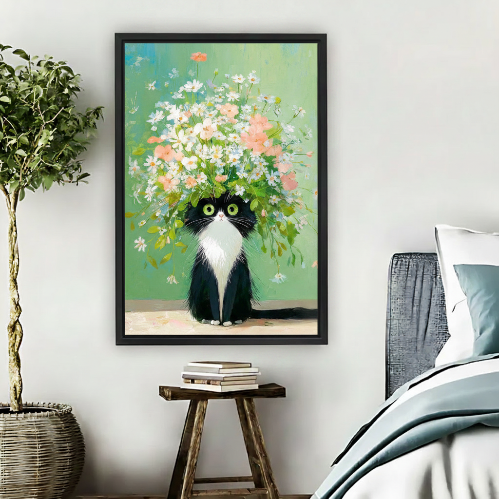 Whimsical tuxedo cat with giant flower bouquet on head oil painting wall art print in black frame beside dark grey bed with wooden stool and books in cozy nature-inspired bedroom