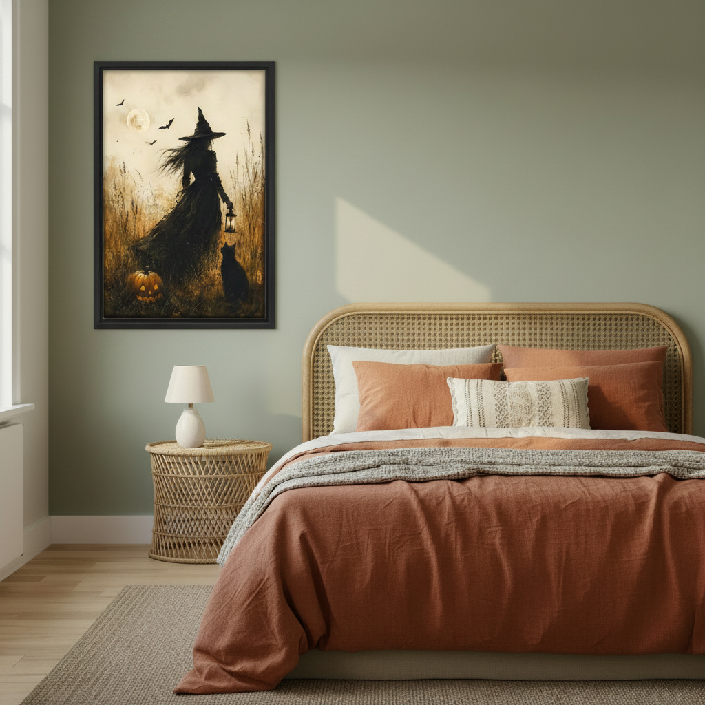 Framed gothic witch wall art above bed, dark moody canvas print with black cat and pumpkin bedroom decor