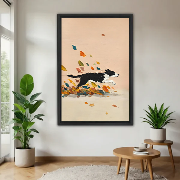 Border collie running autumn leaves modern framed canvas wall art – minimalist dog print in bright living room with plants and wood side table