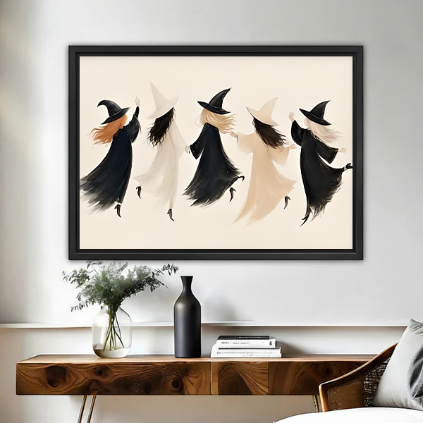 Gallery-wrap minimalist witch coven Halloween canvas wall art displayed above a wooden console with vases