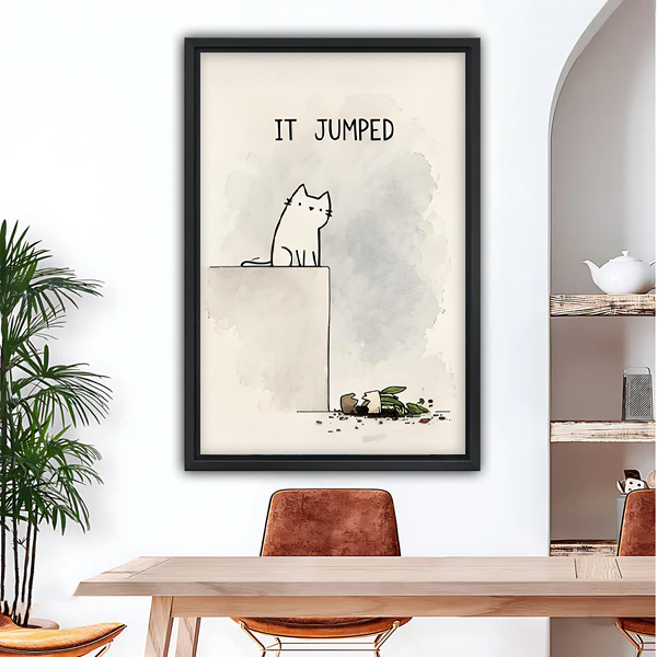 Funny white cat It Jumped broken flower pot minimalist line art framed canvas wall art in black frame above wooden dining table with leather chairs and arched wall