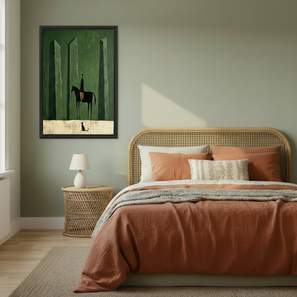 Minimalist knight forest dark green framed canvas wall art beside rattan bed on sage green wall, black rider on horse with small cat moody painting