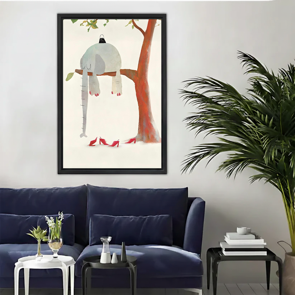 Sleeping elephant red heels whimsical framed canvas wall art in black frame above navy blue sofa in modern living room