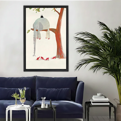 Sleeping elephant red heels whimsical framed canvas wall art in black frame above navy blue sofa in modern living room