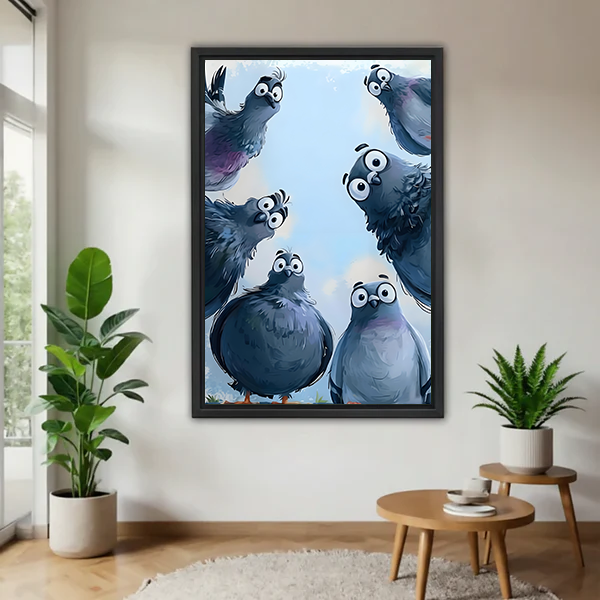 Funny Cartoon Pigeons Looking Up Black Framed Wall Art Print Living Room