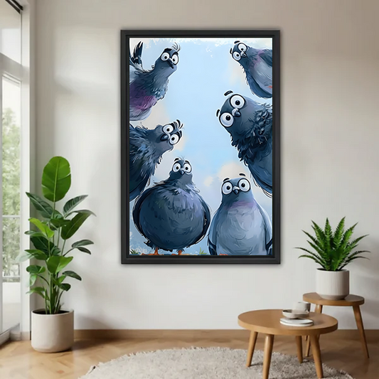 Funny Cartoon Pigeons Looking Up Black Framed Wall Art Print Living Room