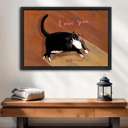 Funny cat Love You and Food oil painting framed canvas wall art in black frame above wooden console table with lantern