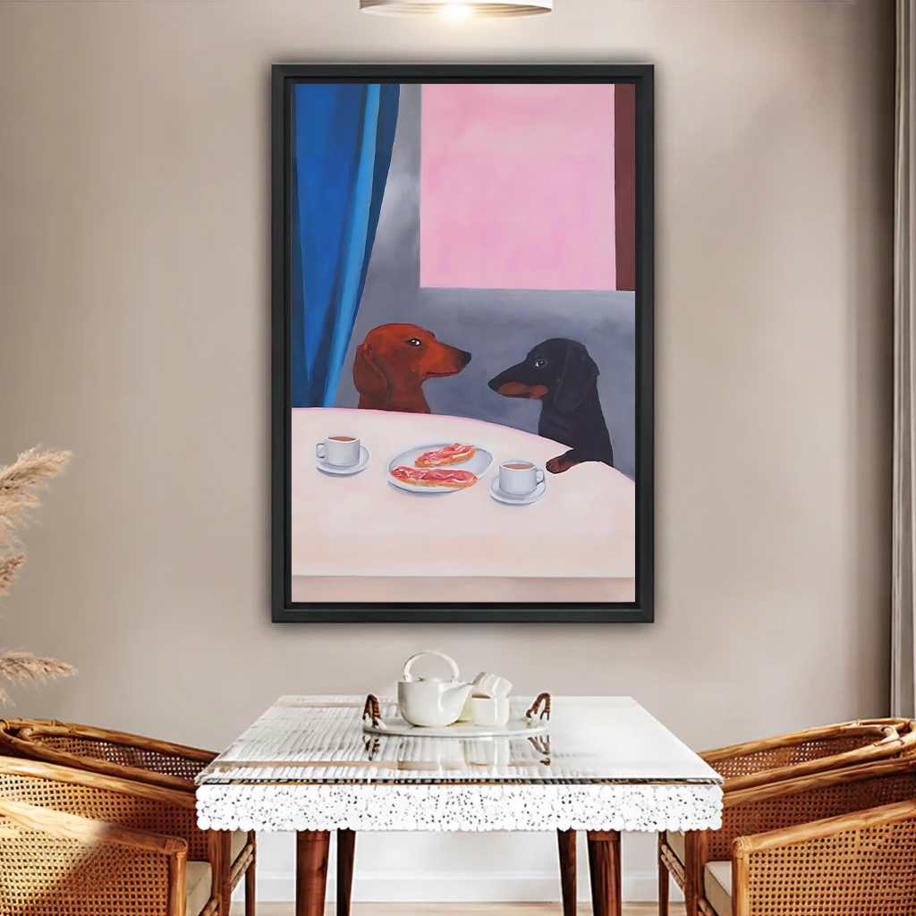 Dachshund coffee date modern oil painting framed canvas wall art in black frame above glass dining table with rattan chairs