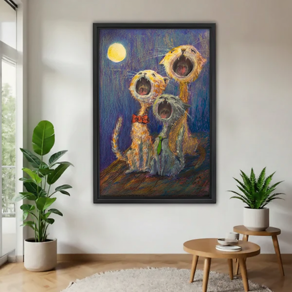 Whimsical singing cats wall art, three funny cats howling at full moon on purple night sky, black framed canvas print for living room decor