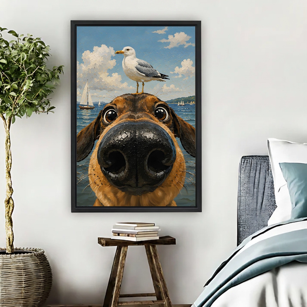 Funny dachshund with seagull on head ocean sailboat illustration gallery wrap canvas wall art in cozy bedroom above wooden stool with books