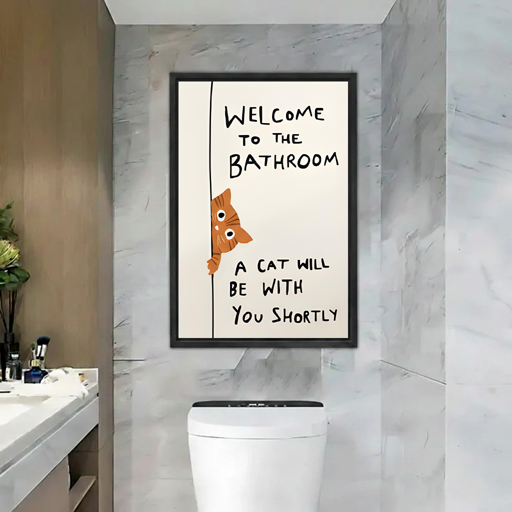 Funny cat welcome to the bathroom framed canvas wall art – humorous orange cat print above toilet in marble bathroom