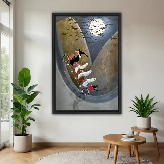 Halloween Witch Ghost Bicycle Moonlit Canyon Black Framed Wall Art Print