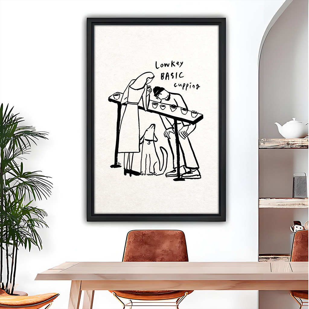 Coffee cupping minimalist line art wall print in black frame, two baristas and dog, dining room decor
