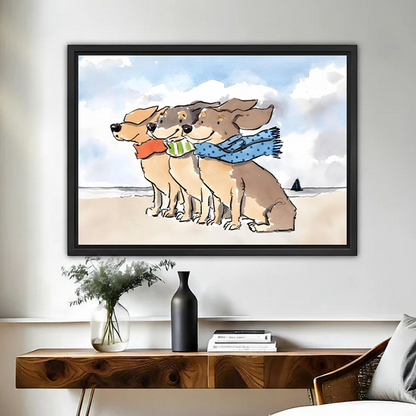 Watercolor coastal dog wall art in black frame displayed above wooden console table