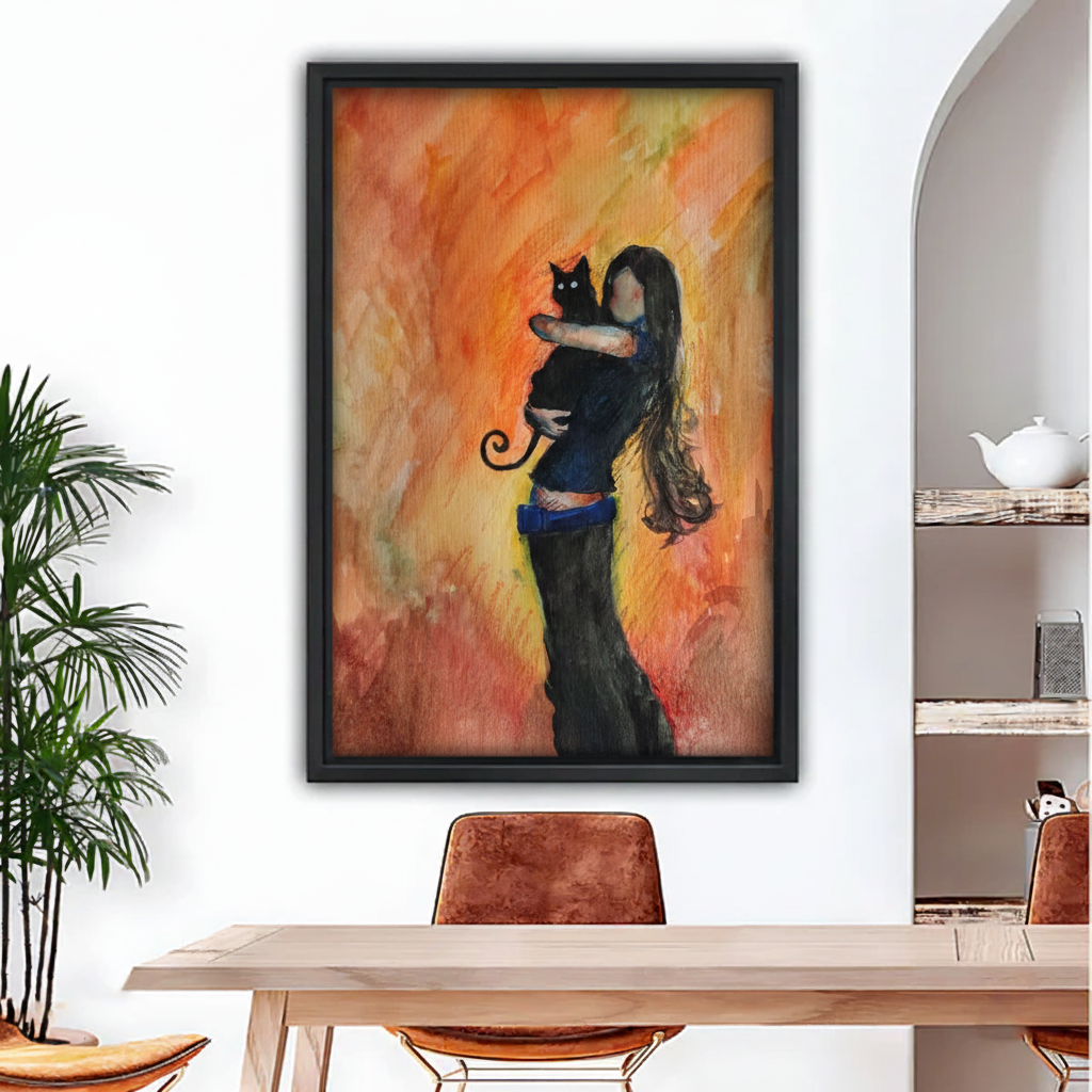 Watercolor girl and black cat framed canvas wall art hanging in modern dining room