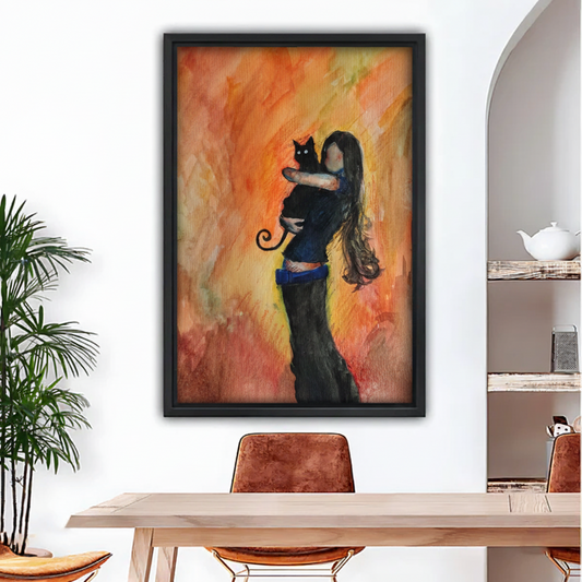 Watercolor girl and black cat framed canvas wall art hanging in modern dining room