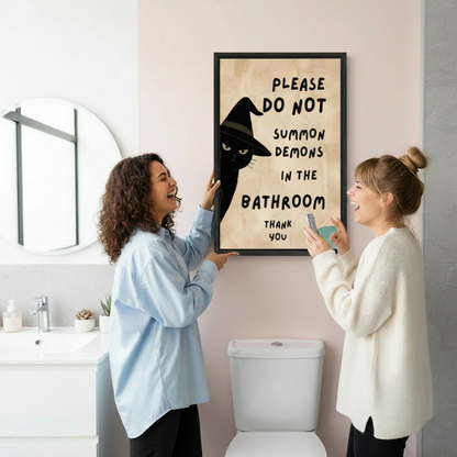 Funny witch cat bathroom framed wall art, two women laughing while hanging, pink bathroom