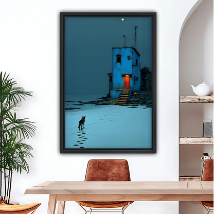 Moody blue night dog walking toward house framed canvas wall art above dining table