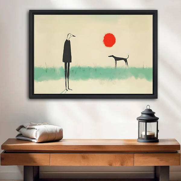 Minimalist framed canvas wall art of an abstract figure and slender dog gazing at a red sun over a teal field, entryway decor