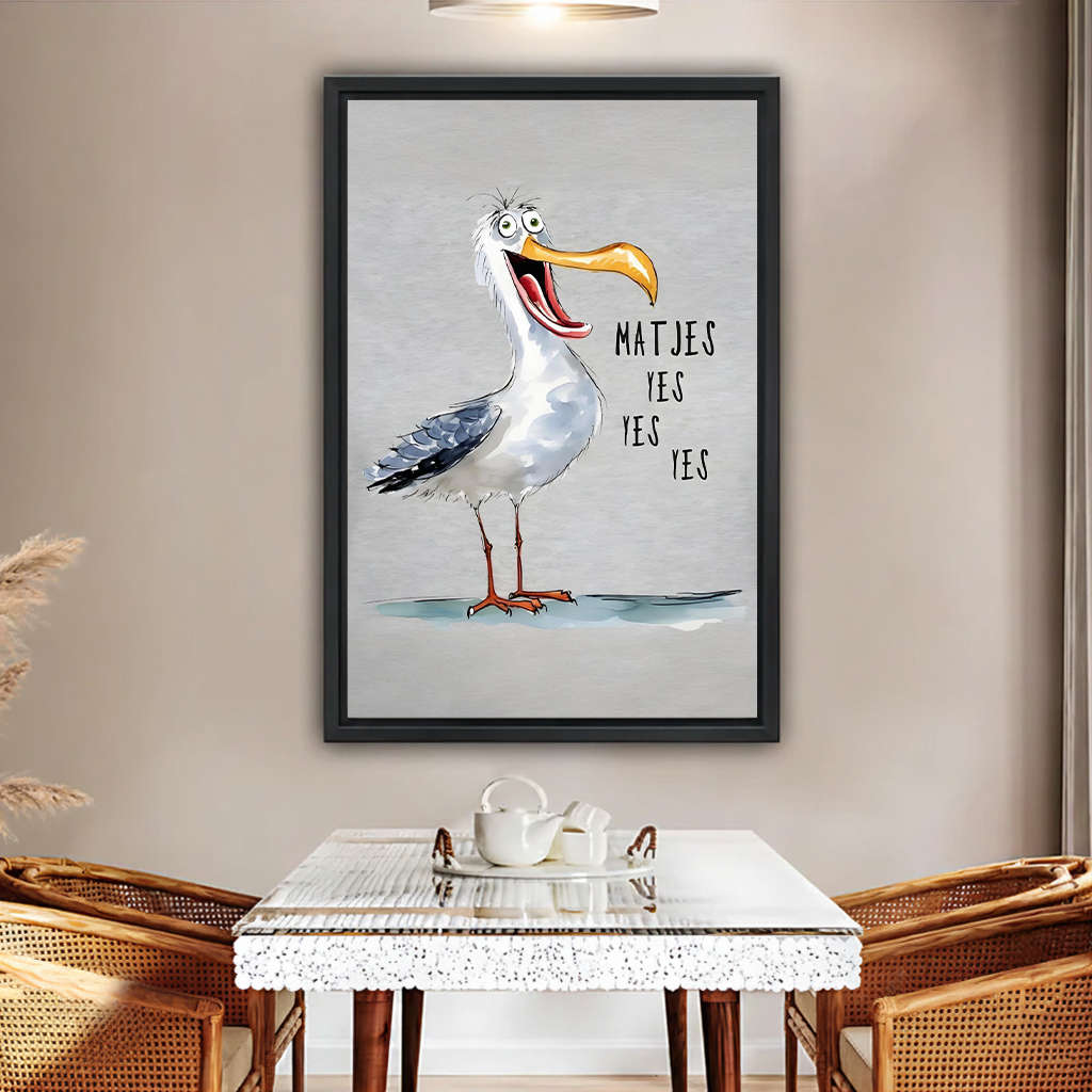 Funny seagull Matjes Yes Yes Yes framed canvas wall art print - coastal humor decor