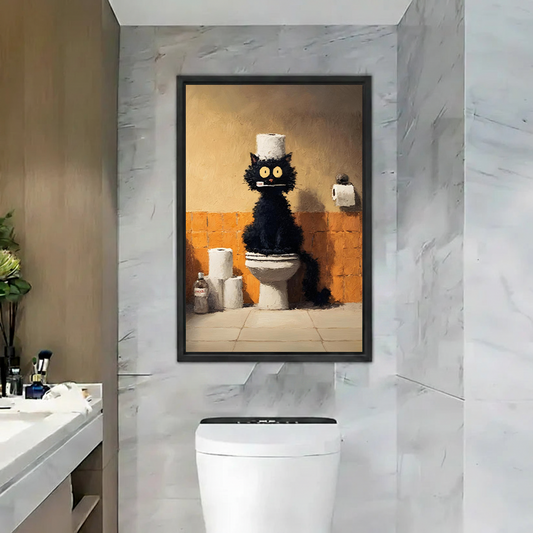 Funny black cat on toilet framed canvas wall art in black frame displayed in marble bathroom