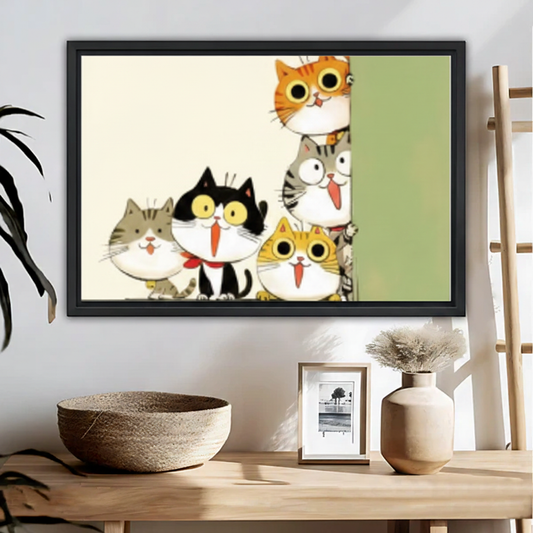 Nosy Cats Peeking Framed Wall Art – Cute Japanese Cartoon Cat Print for Cat Lovers Home Decor