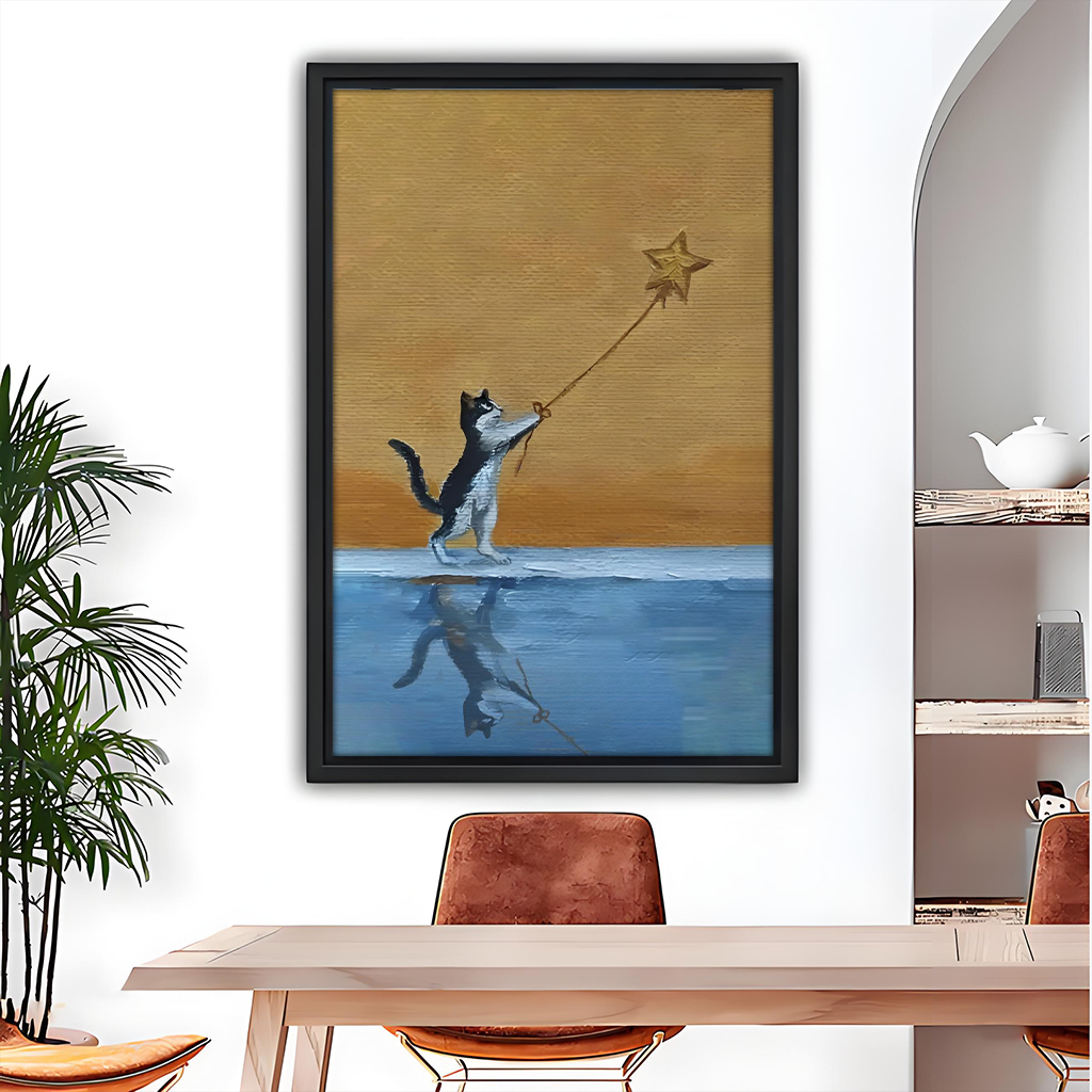 Cat reaching golden star oil painting wall art print in black frame, dining room decor