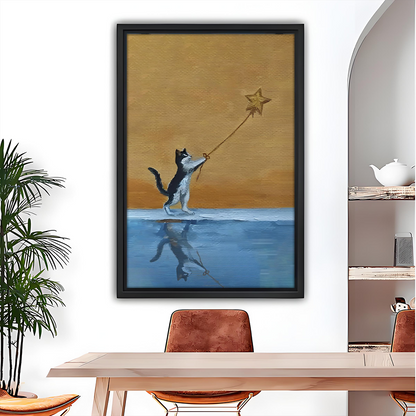 Cat reaching golden star oil painting wall art print in black frame, dining room decor