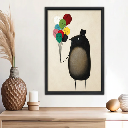 Dapper Bird Balloon Surrealist Art Print in Boho Styled Room – Framed Wall Decor with Pampas Grass Vase