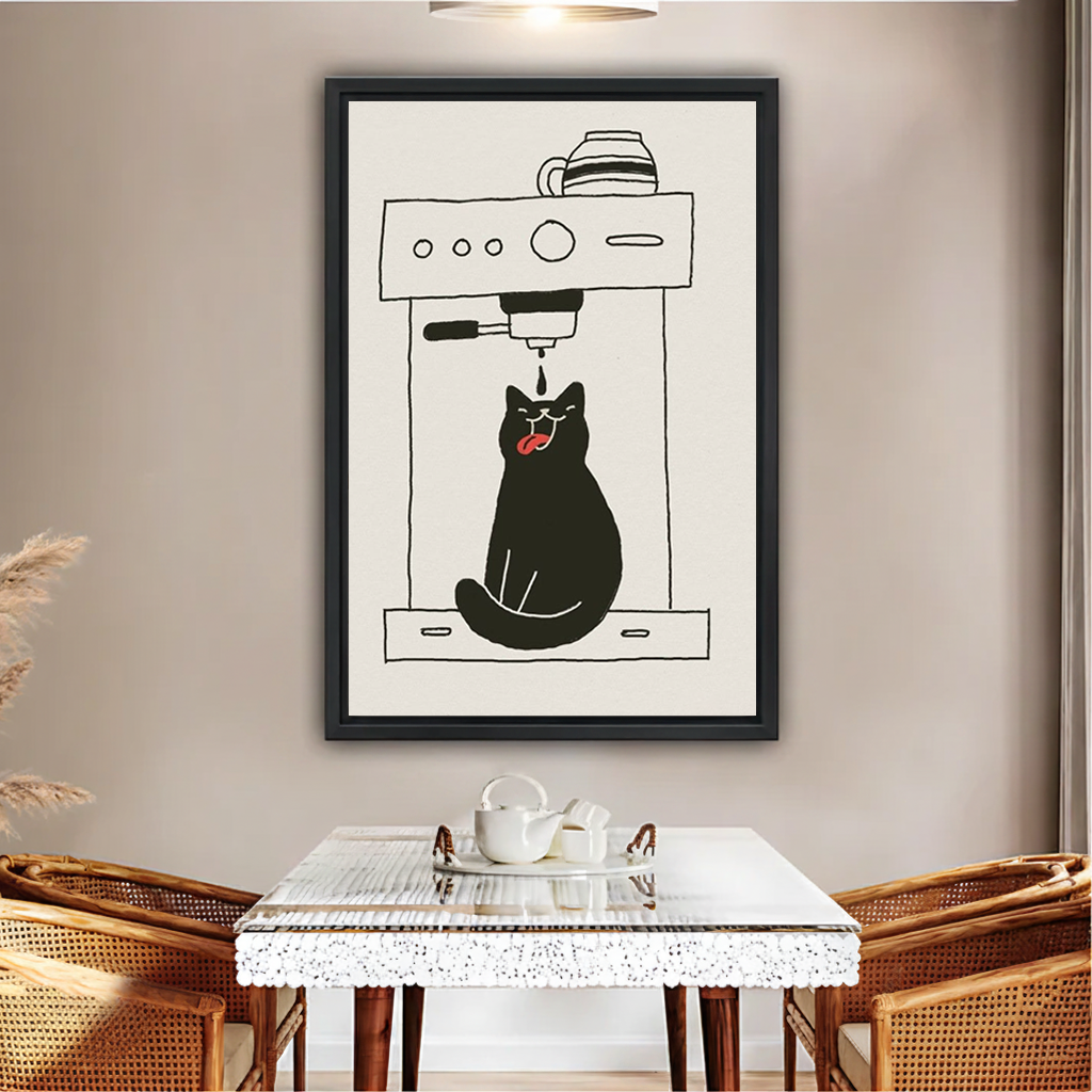 Funny black cat sitting under espresso machine with tongue out catching coffee drip minimalist line art illustration framed wall art hung on warm beige wall above white terrazzo dining table with white tea set tray and rattan chairs with pampas grass in boho dining room