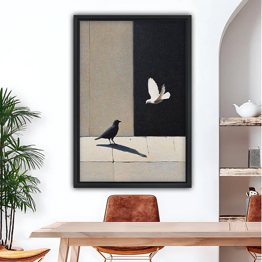 Black and white bird minimalist oil painting framed canvas wall art in dining room