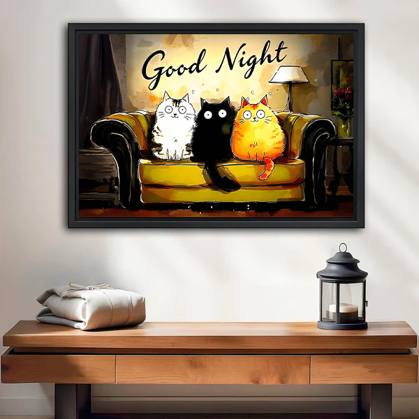 Good Night Cartoon Cats Cozy Sofa Black Framed Wall Art Print Entryway Decor