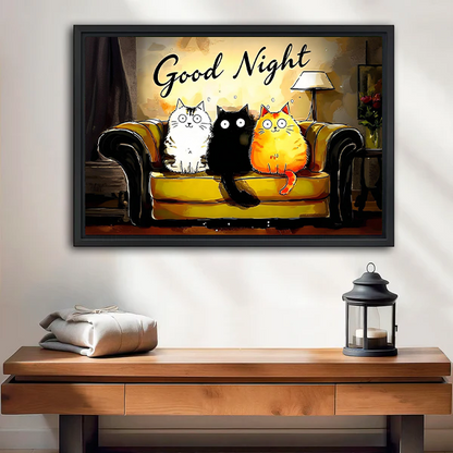 Good Night Cartoon Cats Cozy Sofa Black Framed Wall Art Print Entryway Decor
