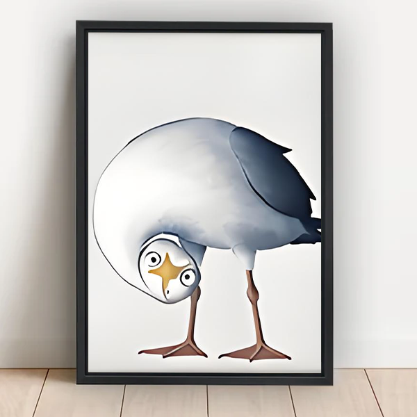 Confused seagull upside-down watercolor framed wall art with wide-eyed bent-neck bird leaning against white wall on light wood floor