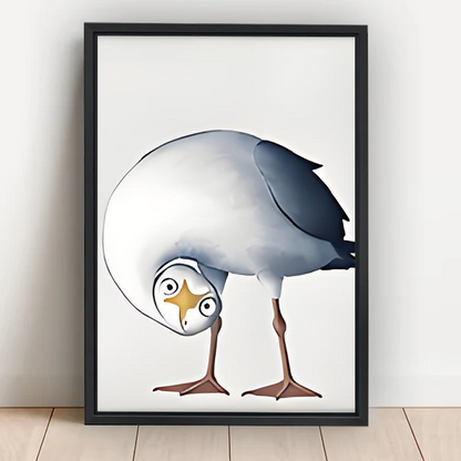 Confused seagull upside-down watercolor framed wall art with wide-eyed bent-neck bird leaning against white wall on light wood floor