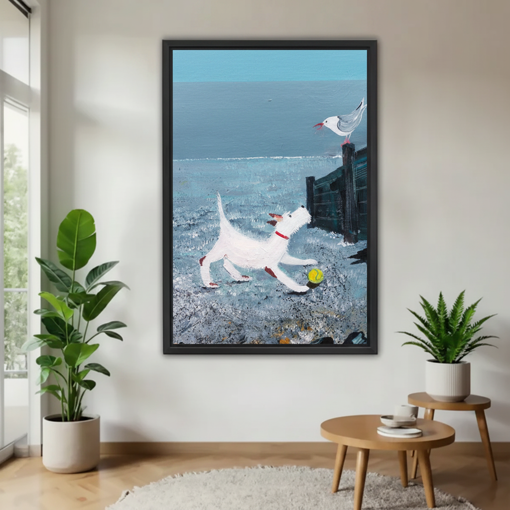 Whimsical beach dog and seagull framed canvas art hung on white wall in minimalist living room with indoor plants