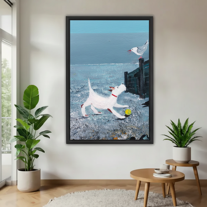 Whimsical beach dog and seagull framed canvas art hung on white wall in minimalist living room with indoor plants
