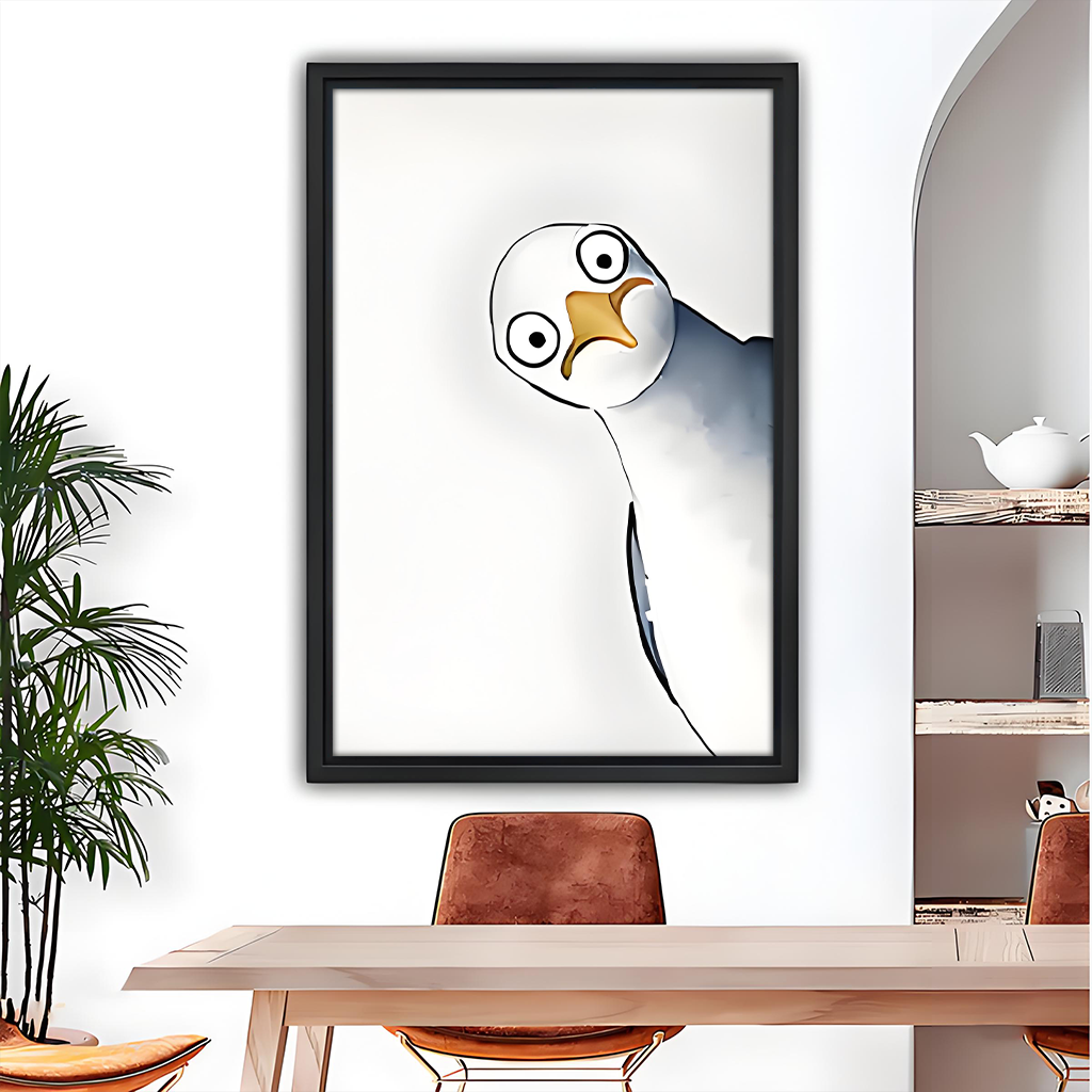 Funny Cartoon Seagull Big Eyes Minimalist Line Art Black Framed Wall Art Print Dining Room