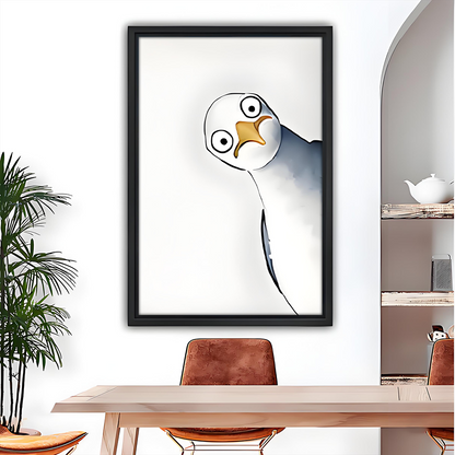 Funny Cartoon Seagull Big Eyes Minimalist Line Art Black Framed Wall Art Print Dining Room