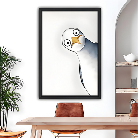 Funny Cartoon Seagull Big Eyes Minimalist Line Art Black Framed Wall Art Print Dining Room