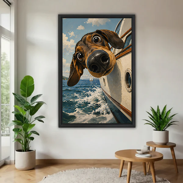 Funny dachshund leaning out of speedboat blue ocean waves illustration black framed wall art in bright living room with green plants