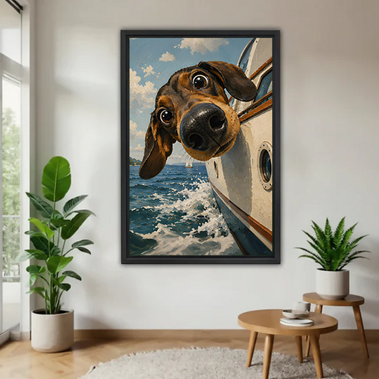 Funny dachshund leaning out of speedboat blue ocean waves illustration black framed wall art in bright living room with green plants