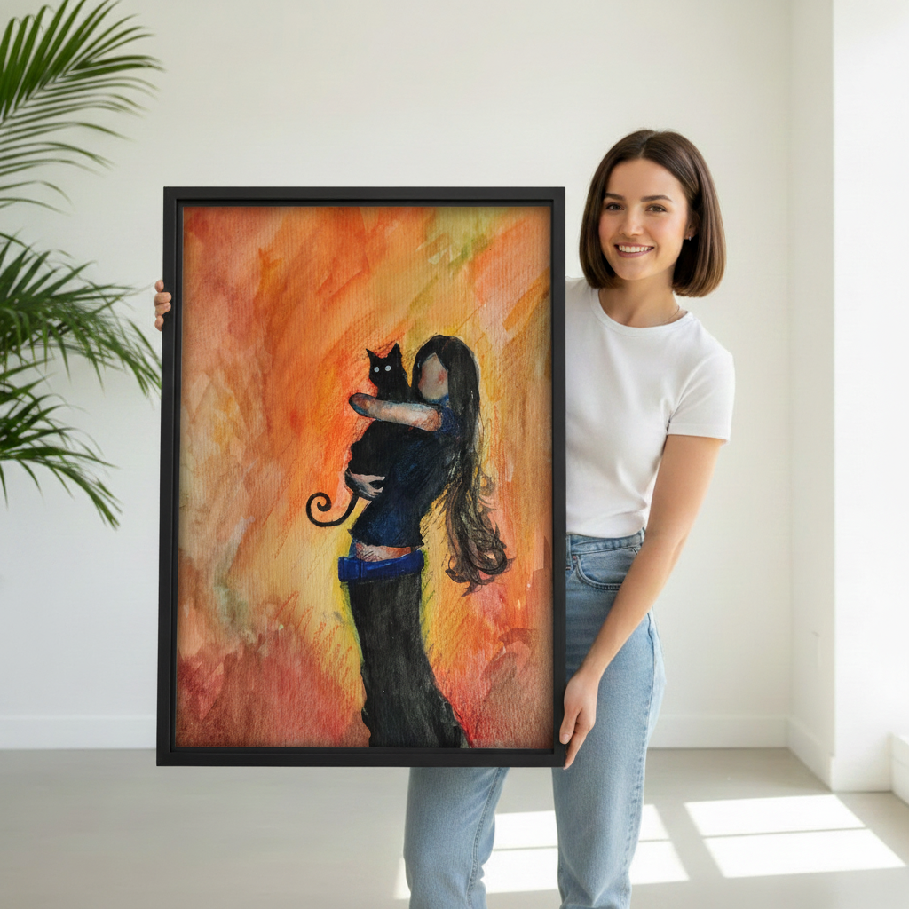 Woman holding large framed watercolor black cat art print — girl and cat wall decor