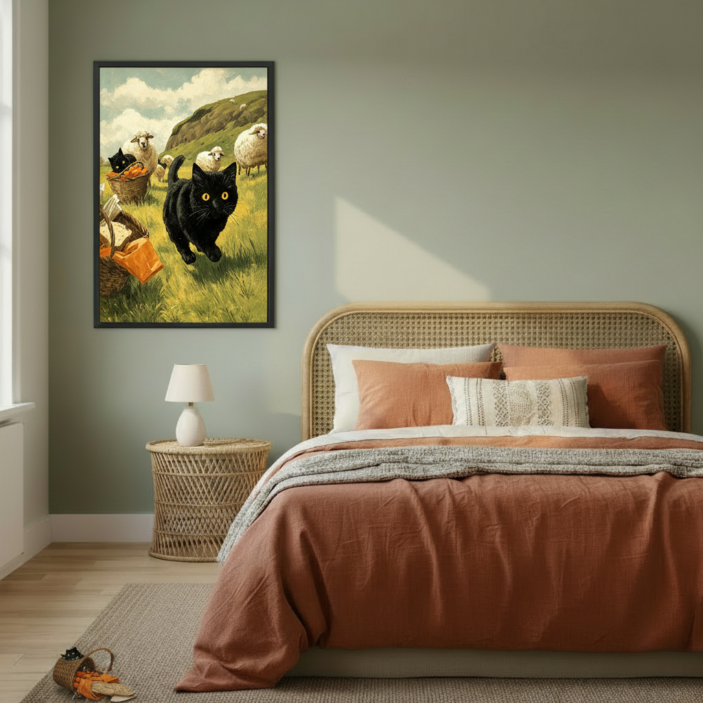 Framed vintage black cat meadow wall art above bed — pastoral countryside cat print for bedroom decor