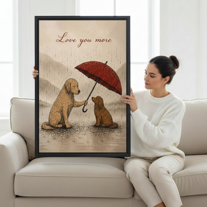 Woman on cream sofa holding Love You More black framed dog wall art print 