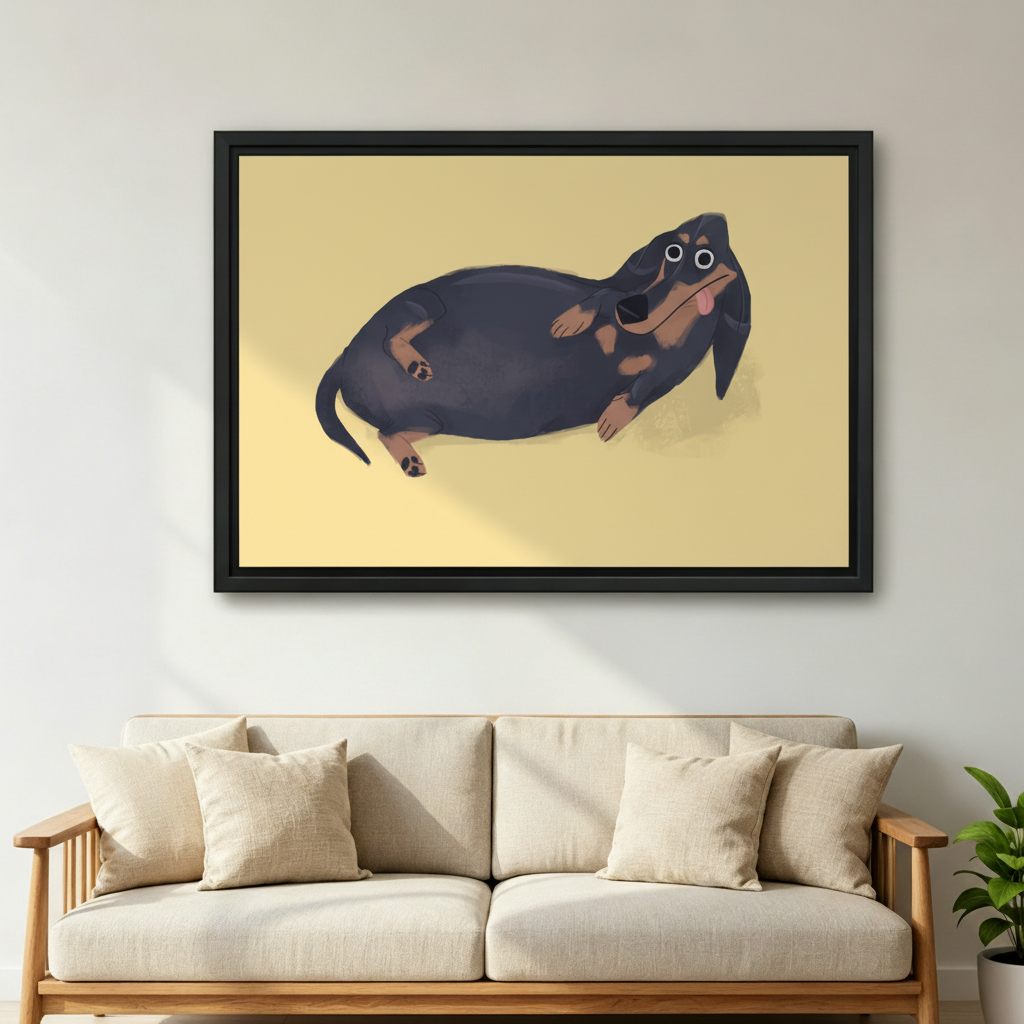 Funny Dachshund Framed Canvas Wall Art - Chubby Dog Print for Living Room Decor