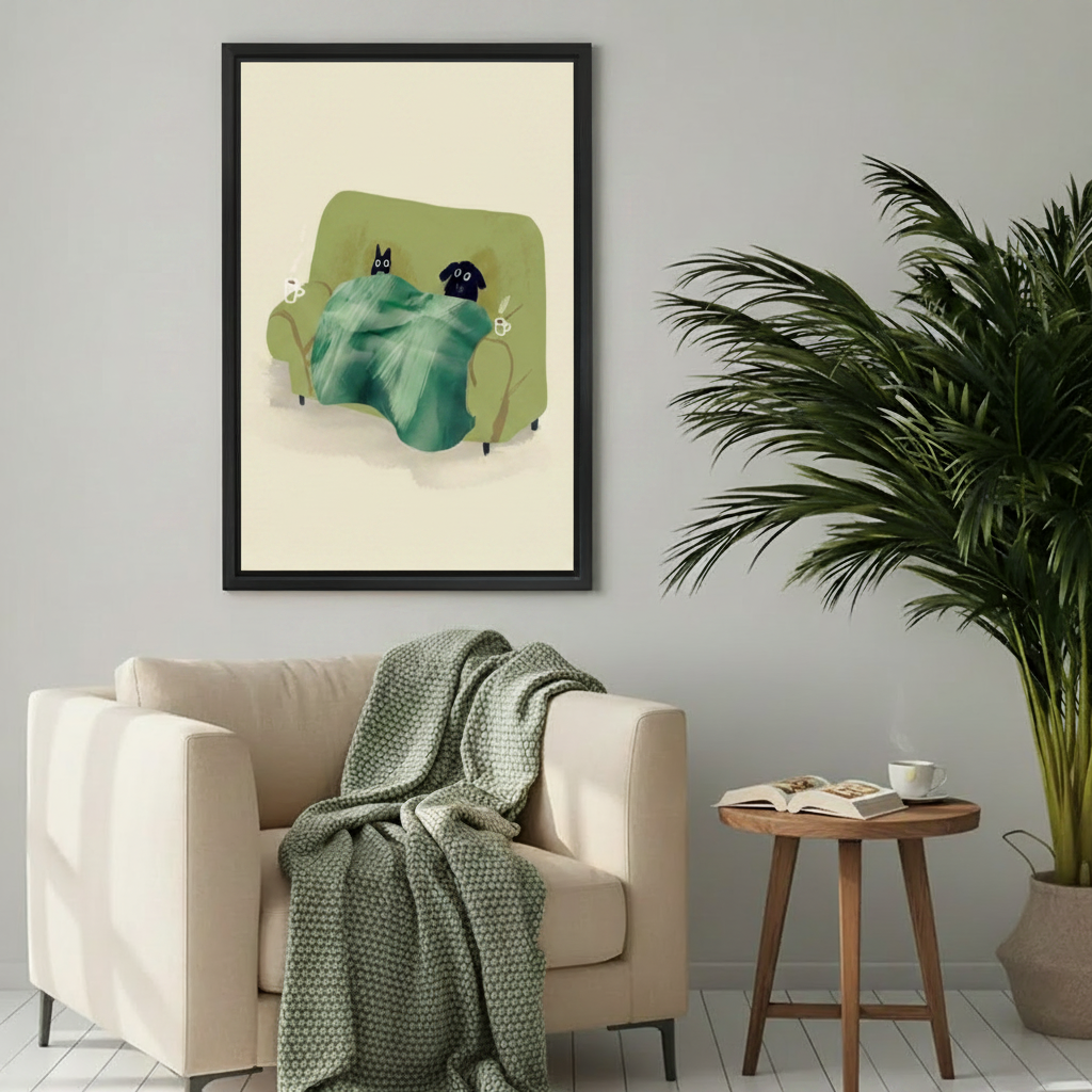 Cute cat dog cozy sofa framed wall art print in warm beige living room — whimsical pet home decor